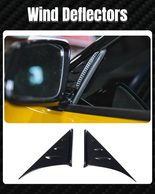 Carbon fiber wind deflectors shown with a car side mirror inset.